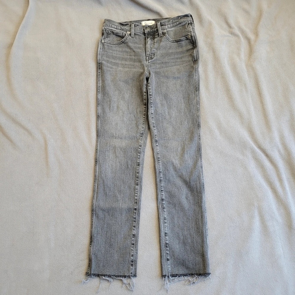 MADEWELL Stovepipe Jeans Women 27 Black Frayed Hem Straight Leg Mid Rise Denim